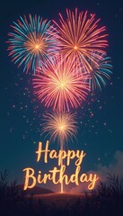 Happy Birthday surrounded by fireworks exploding in vibrant colors across a night sky.