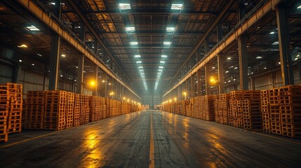 Naklejka premium Warehouse interior, pallets stacked, industrial setting, logistics