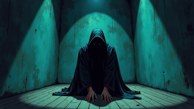 A figure covered by a heavy, dark cloak, hunched over in the center of a dimly lit room, with walls slowly closing in, representing the suffocating weight of depressive thoughts.