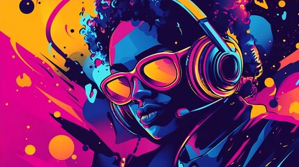 Vibrant Dj Woman Headphones Music Art Print