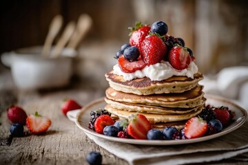 A detailed gluten-free pancake breakfast, on a rustic kitchen table, featuring delicious
