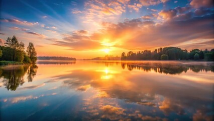 Fototapeta premium Softly glowing sunrise over a peaceful lake, blurred light