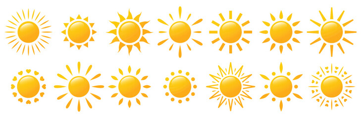 Sun icon set. Yellow sun icons. Shine sun ray set. Summer, spring, nature, sky. Sun silhouette. Hot solar energy