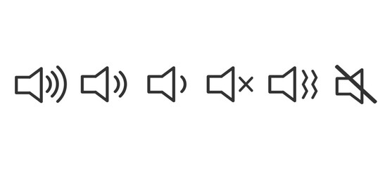 Simple icon that increases and reduces the sound. Sound icon, volume symbol, speaker sign, audio control icon set. Sound volume icons set with different signal levels on transparent background. Eps10