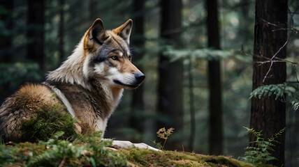 Fototapeta premium portrait of grey wolf in winter forest