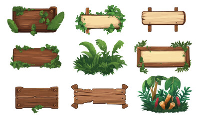 Jungle Style Cartoon Game Panels with Wooden Signs and Plants Vector