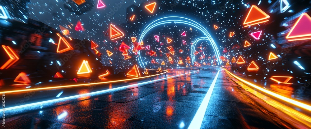 Poster neon triangles and glowing lines form a futuristic road.