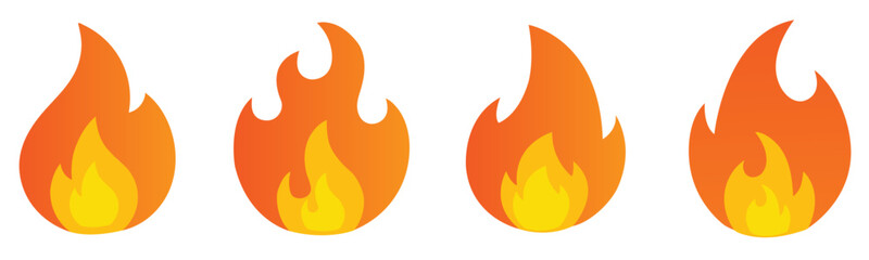 Set of four vector fire flame icons in gradient orange and yellow colors. Simple flat design for hot, heat, energy, or flammable concepts. Isolated on white background. Ideal for UI and apps.