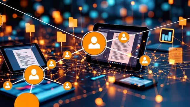 A digital network with glowing icons representing communication and data sharing in a futuristic environment