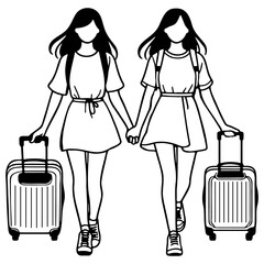 Two Girls Traveling with Luggage.