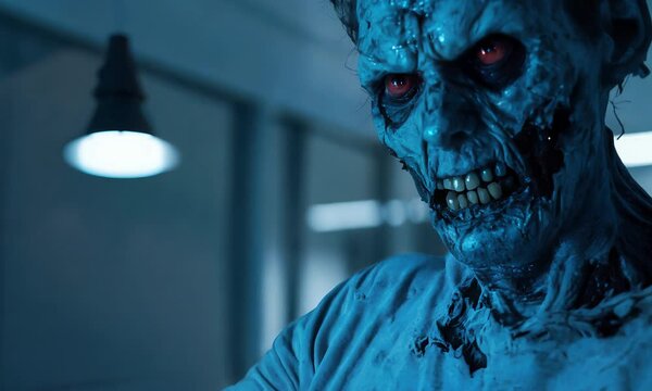 A zombie with glowing eyes types on a laptop, illuminated by blue light in a dimly lit room, creating a chilling atmosphere.