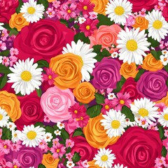 The Seamless Pattern of Vibrant Roses and Daisies