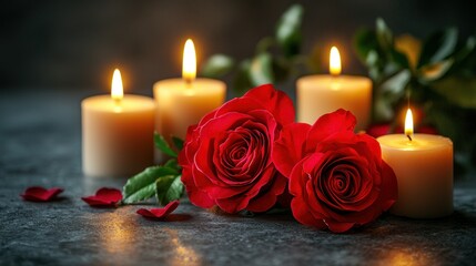 Red roses and lit candles on dark surface