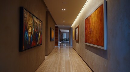 LED downlights highlighting artwork in a gallery-inspired hallway