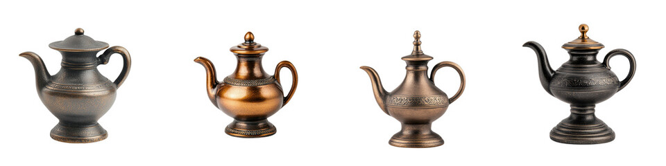 Collection of elegant and vintage inspired metallic teapots in warm copper and bronze tones perfect for brewing and serving delicious tea in a classic timeless setting