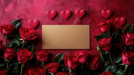 Red roses, hearts, blank card on textured backdrop for Valentine's Day