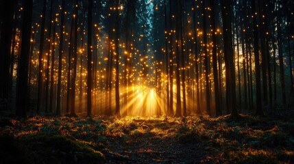 Fototapeta premium Magical sunset lights in enchanted forest