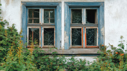 Fototapeta premium Weathered Windows with Cracked Glass Framed by Nature, Showcasing the Passage of Time and Abandonment in a Rustic Setting
