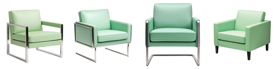Sleek and contemporary green leather armchairs arranged in a modern  minimalist living room setting  The clean  elegant furniture design and neutral color palette create a calm