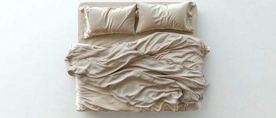 Obraz premium Cozy bedroom with rumpled bedding and pillows.