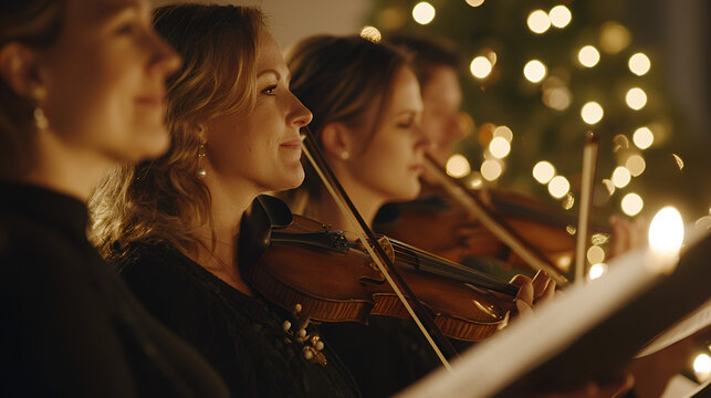 String quartet Christmas carol performance, candlelight, festive