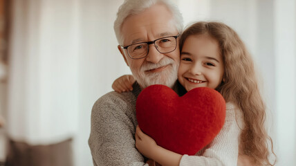 Grandfather and granddaughter are smiling and embracing, holding a red heart, celebrating Valentine's Day or another special occasion