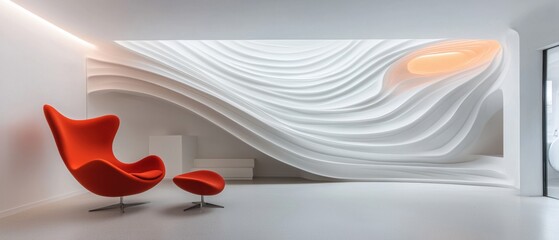 a modern white room with an orange chair and a curved wall