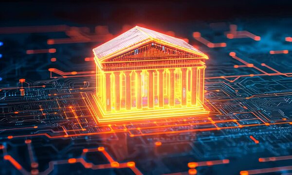 A glowing digital bank symbol on a network of data lines, symbolizing the fusion of finance and technology.