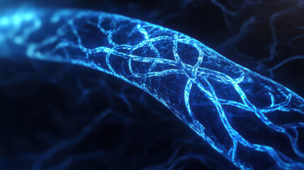 Abstract blue glowing neural network resembling veins in a digital environment, illustrating connection, technology, and data transmission amidst a dark background.