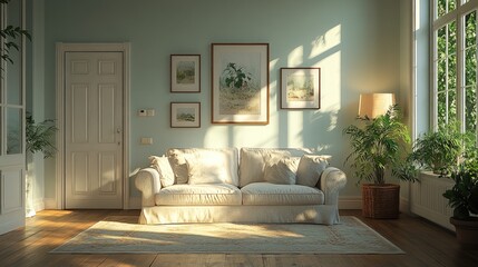 Sunlit living room, sofa, plants, artwork, hardwood floor.
