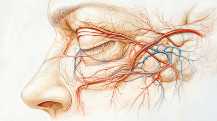 Detailed Anatomy of Human Eye Showing Fine Vascular Structures and Network of Blood Vessels with Emphasis on Intricate Design and Color Contrast for Educational Purposes