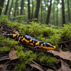 A vibrantly colored fire salamander on a forest floor.