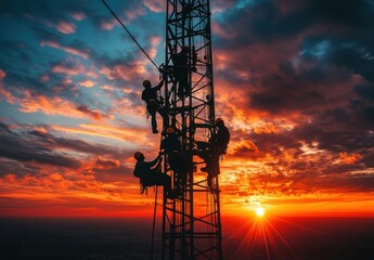 Climbers Ascend Communication Tower Against Vibrant Sunset Sky with Dramatic Clouds and Golden Light, Showcasing Adventure and Teamwork in Action