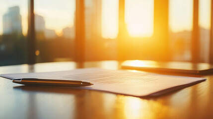 Business contract or agreement papers lying on an office desk, accompanied by a pen, capturing the essence of deal-making at sunset