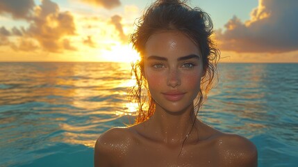 Woman ocean sunset portrait, tropical beach, golden hour