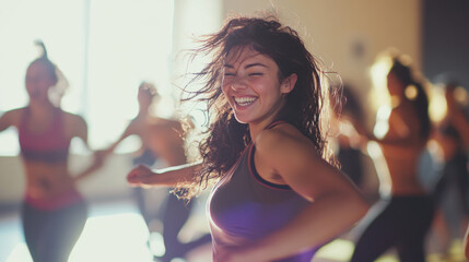 Joyful young woman dancing in a lively fitness class, capturing the essence of movement, energy, and happiness in a vibrant workout environment with sunlight streaming in.