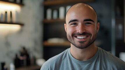 Obraz premium Smiling young man with a cheerful expression in a modern grooming space showcasing a vibrant atmosphere and high-quality personal care products in the background