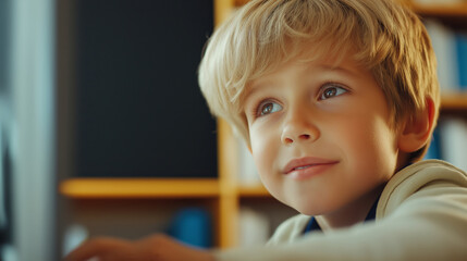 Portrait of a schoolboy using a computer in a classroom, looking up with a thoughtful expression, curiosity and learning