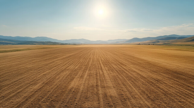 Aerial view of a drone spreading seeds over a vast agricultural field, creating visible trails against a backdrop of hills and sunlit sky