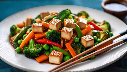 Tofu vegetable stir-fry with broccoli, carrots, and peppers in sesame soy sauce on a white plate. Great for plant-based, Asian cuisine, or clean-eating themes.