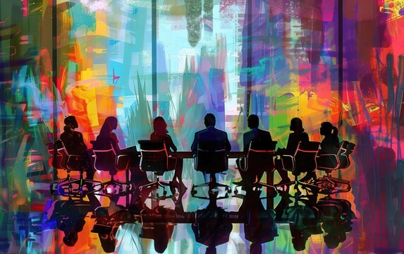 Digital painting of a company diversity committee meeting to discuss strategies for promoting workplace inclusivity