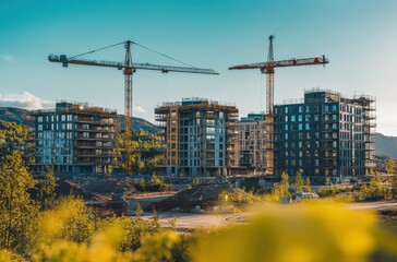 Fototapeta premium Construction Site with Tower Cranes and Modern Buildings Under Development Surrounded by Nature and Blue Sky, Capturing Urban Growth and Architectural Progress