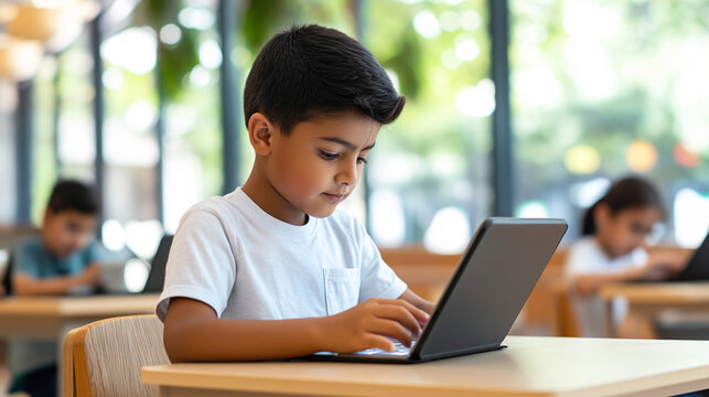 Concentrated schoolboy using digital tablet, playing educational game during lesson in modern classroom