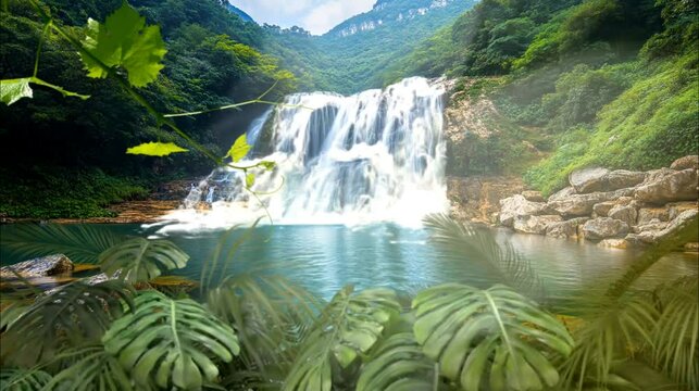 Waterfalls in the forest. Seamless loop video background