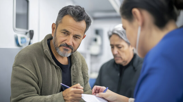 Medical volunteer helping homeless patient during mobile clinic screening, offering compassionate healthcare support