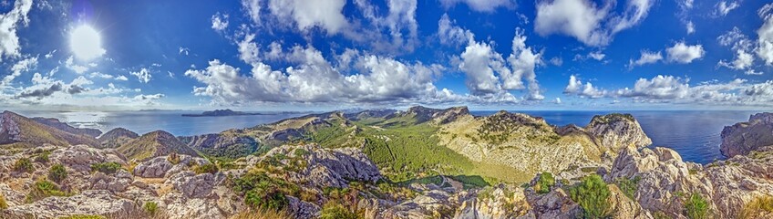 Obraz premium Panoramic view of Cap Formentors rugged mountains and sea