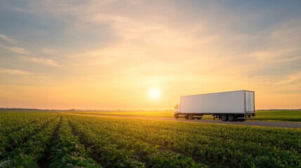 Refrigerated truck transporting produce across verdant farmland during golden evening light, delivering agricultural harvest