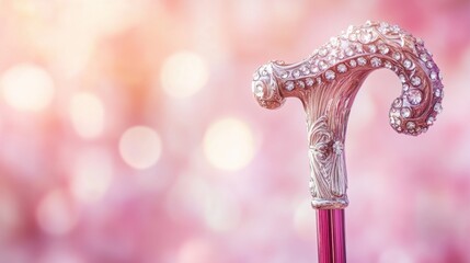 Naklejka premium A decorative walking cane with a jeweled handle on a soft pink gradient background