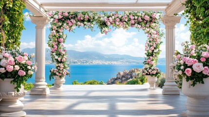 A decorative floral archway framing a picturesque mountain landscape