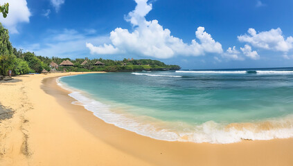 A beautiful sandy beach with turquoise water and blue sky, white clouds in the background, and waves gently crashing onto the shore.
